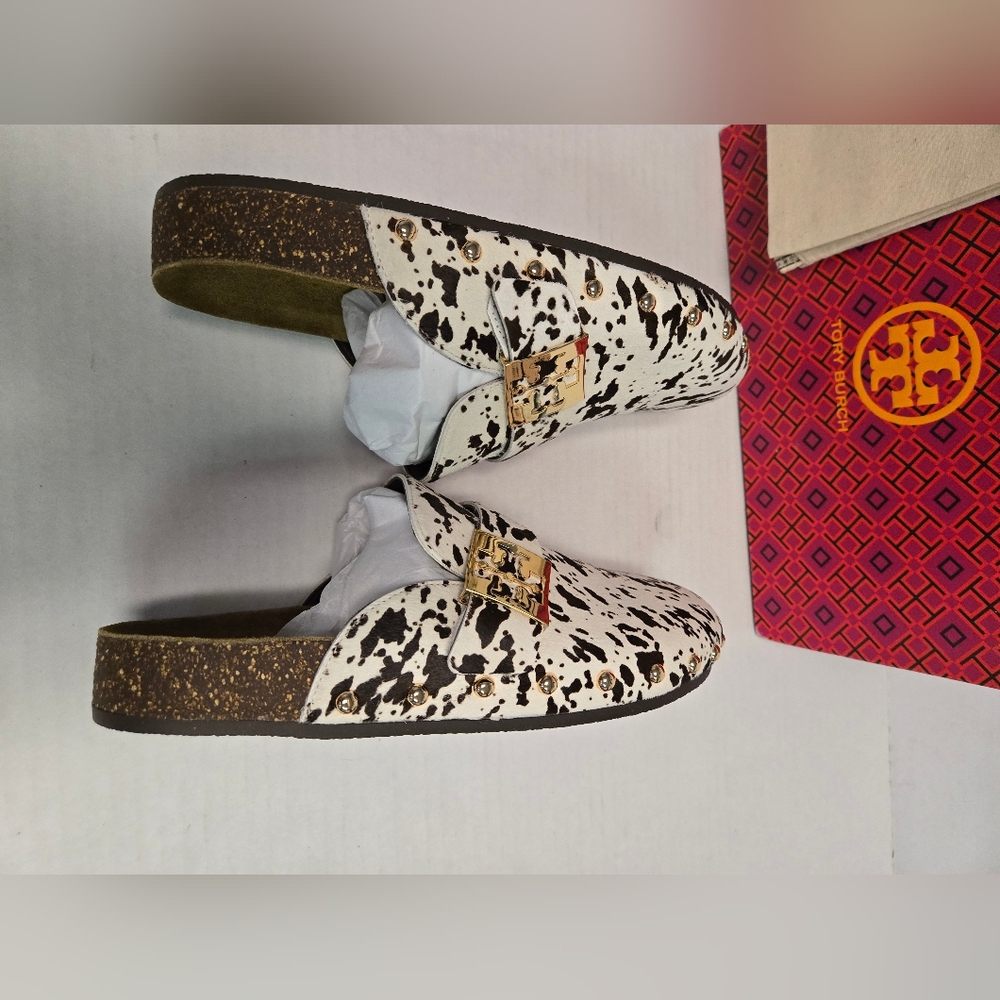 TORY BURCH MELLOW STUDDED MULE cow Print With Gold Studs Woman's 10 Slides NIB - Picture 10 of 11